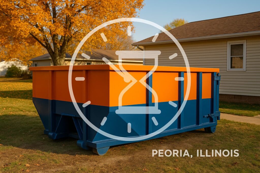 an orange and blue commercial roll-off dumpster on a Peoria Illinois residential property with a subtle clock face or hourglass graphic element in the foreground, representing rental time duration