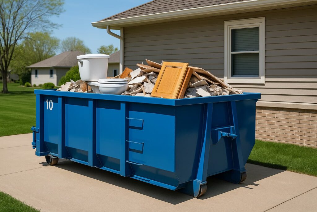 10 yard dumpster for bathroom remodel in Peoria IL residential driveway with renovation debris