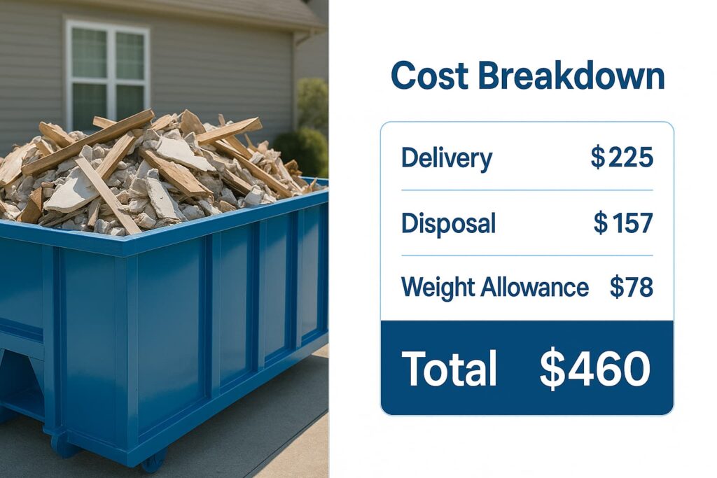10-yard dumpster rental cost guide showing weight limits and pricing tiers