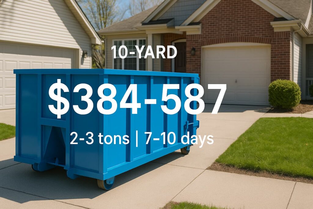 10-yard dumpster rental cost breakdown showing Peoria IL pricing of $384 to $587