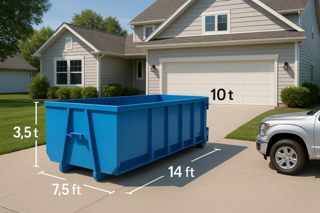 10-yard dumpster dimensions showing 14 feet length, 7.5 feet width, and 3.5 feet height with pickup truck for scale