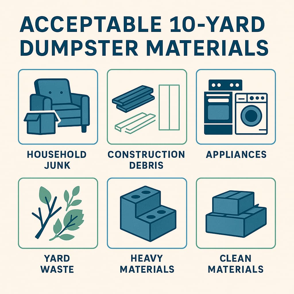 Categories of acceptable materials for 10-yard dumpster disposal including construction and household waste
