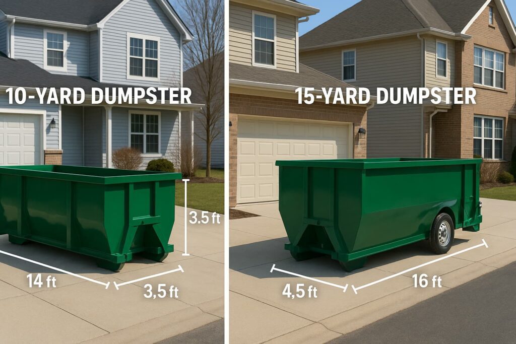 10 yard vs 15 yard dumpster size comparison on residential driveways in Peoria IL