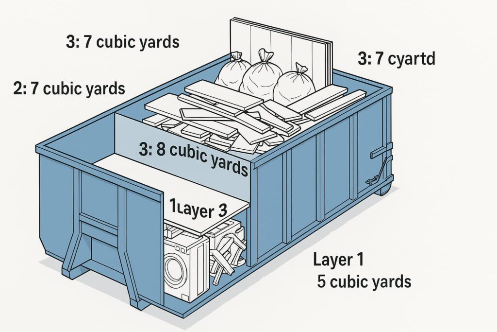 Blue roll-off dumpster for residential renovation with dimension measurements labeled on container sides