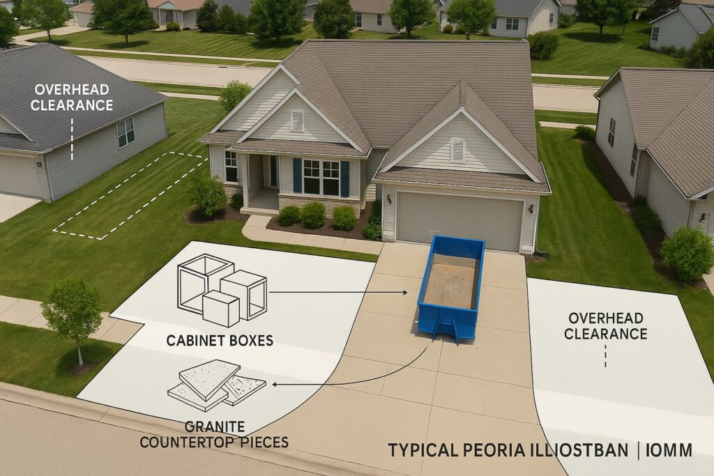 Overhead view of roll-off container on Peoria driveway with kitchen renovation materials including cabinets, countertops, and flooring"