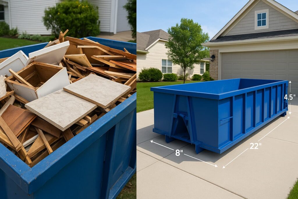 20-yard dumpster for kitchen remodel showing debris capacity and residential driveway placement with dimension measurements