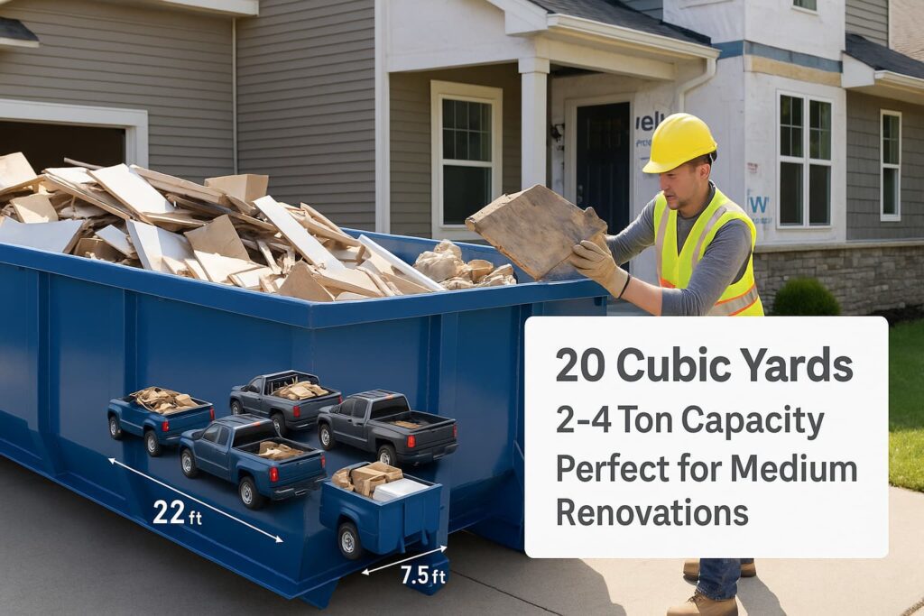Visual capacity guide showing 20-yard dumpster holding approximately six pickup truck loads of contractor debris