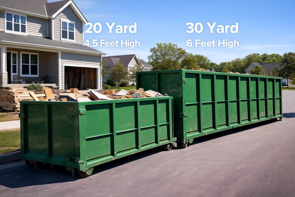 20 yard vs 30 yard dumpster comparison showing size differences on residential driveway