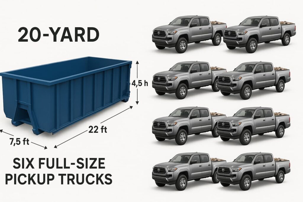 20-yard dumpster debris capacity comparison showing container next to six pickup trucks illustrating volume equivalence