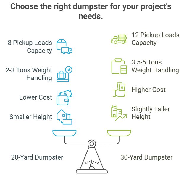 infographic comparison of 20 yard vs 30 yard dumpster to show equivalent truck loads of waste and tonnage