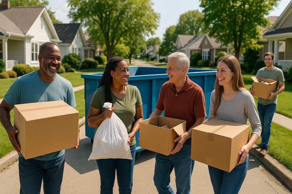 A community image showing a haapy group experiencing the benefits of how to share a dumpster with neighbors for community cleanup in residential Peoria neighborhood