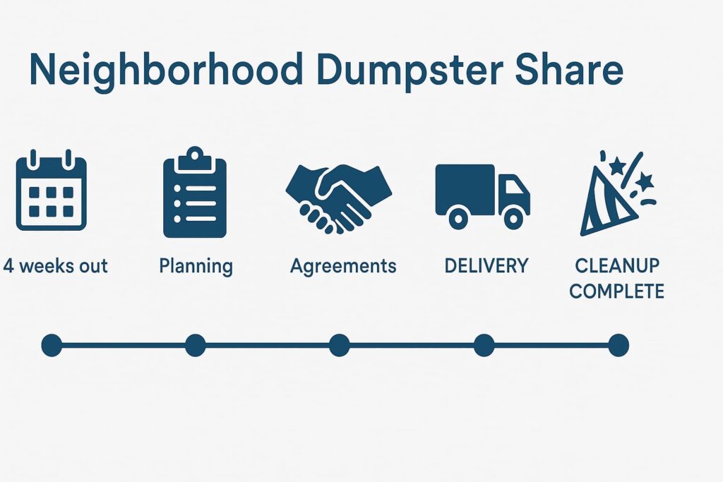 visual timeline showing the planning stages for a neighborhood dumpster share. Icons show a calendar (4 weeks out), clipboard (planning), handshake (agreements), truck (delivery), and celebration (cleanup complete)