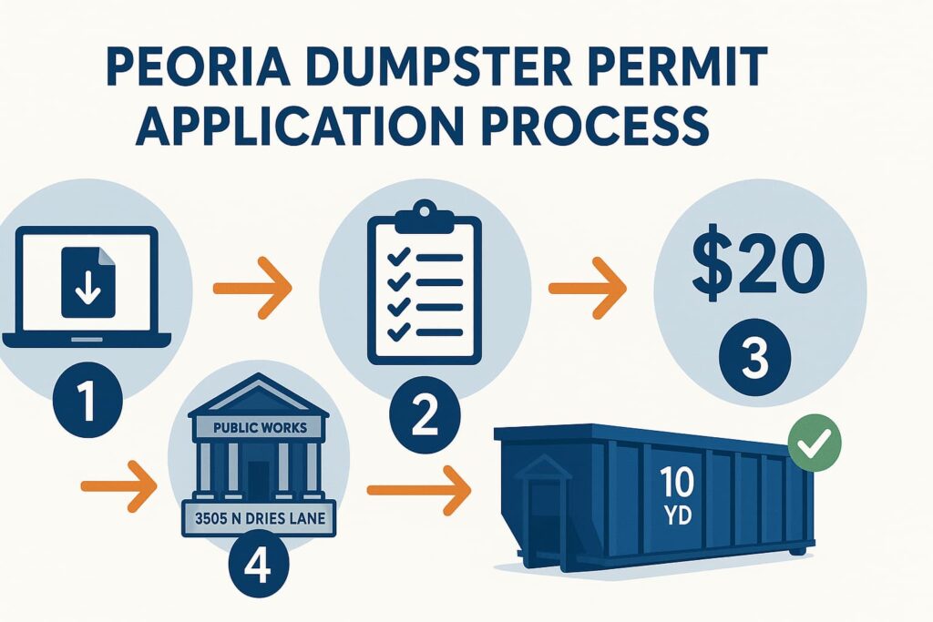 Peoria Illinois dumpster permit application process infographic illustrating five steps from form download to approved placement on public right-of-way to help understand 10-yard dumpster rental regulations peoria il