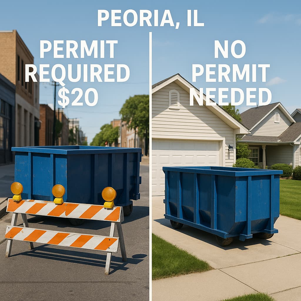 10-yard dumpster rental regulations Peoria IL comparison showing permitted street placement with safety equipment versus permit-free private driveway placement