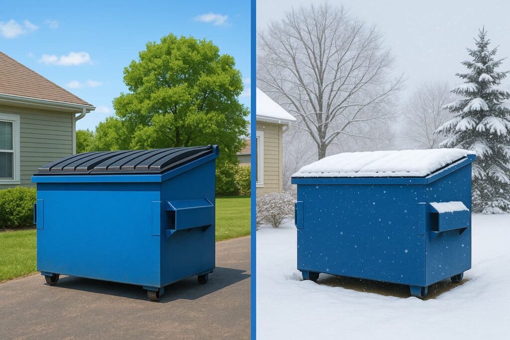 Dumpster container on a typical Central Illinois property during different seasons