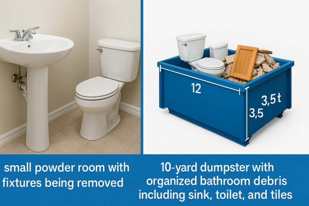Bathroom remodel dumpster sizing guide comparing powder room renovation to 10-yard container capacity