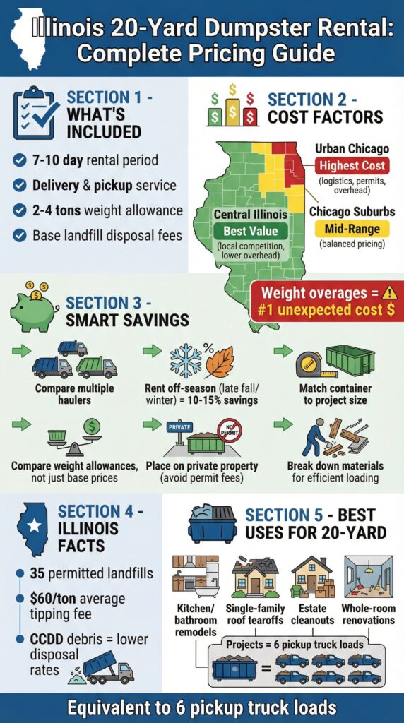 Infographic titled “Illinois 20-Yard Dumpster Rental: Complete Pricing Guide” explaining what’s included, regional cost factors across Illinois, smart savings tips, state landfill facts, and best project uses, helping homeowners compare 20 yard dumpster rental cost Illinois and avoid weight overage fees.