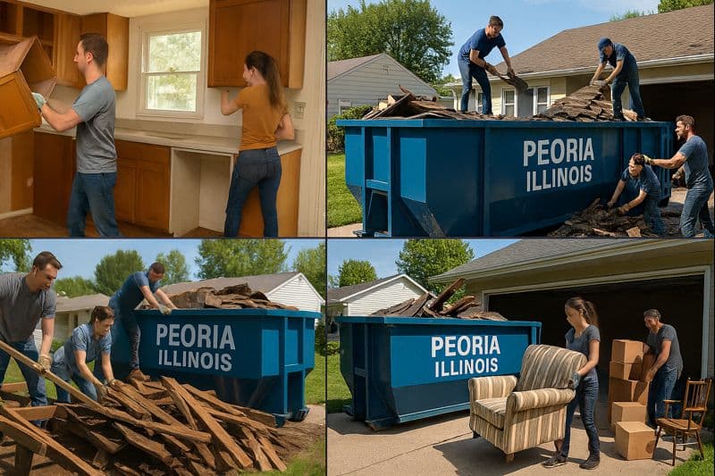 Typical projects that need a 20 yard dumpster including kitchen remodel, roofing tear-off, deck removal, and whole-house cleanout in Peoria IL residential neighborhood