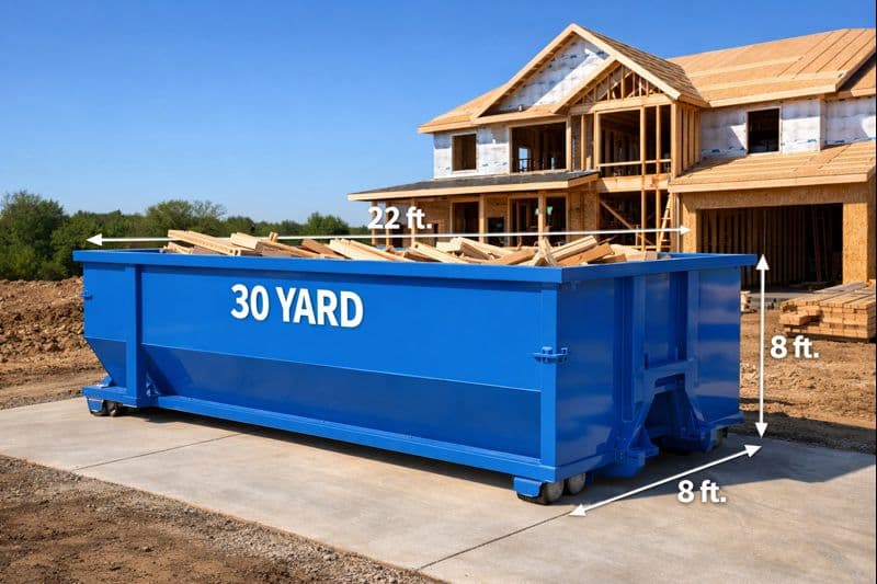 30 yard dumpster for construction positioned on residential job site driveway in Peoria Illinois