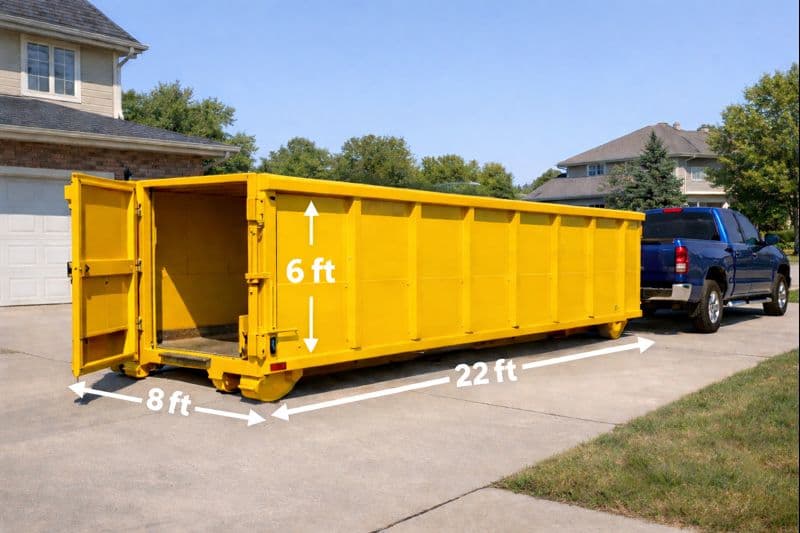30 yard dumpster dimensions capacity shown on yellow roll-off container parked on residential driveway with pickup truck for scale