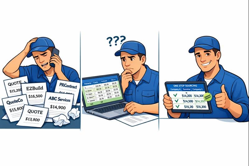 Three-panel illustration showing a contractor frustrated by multiple quotes, confused by complex pricing spreadsheets, and finally satisfied using a single sourcing platform to compare 20 yard dumpster rental cost Illinois clearly on a tablet.