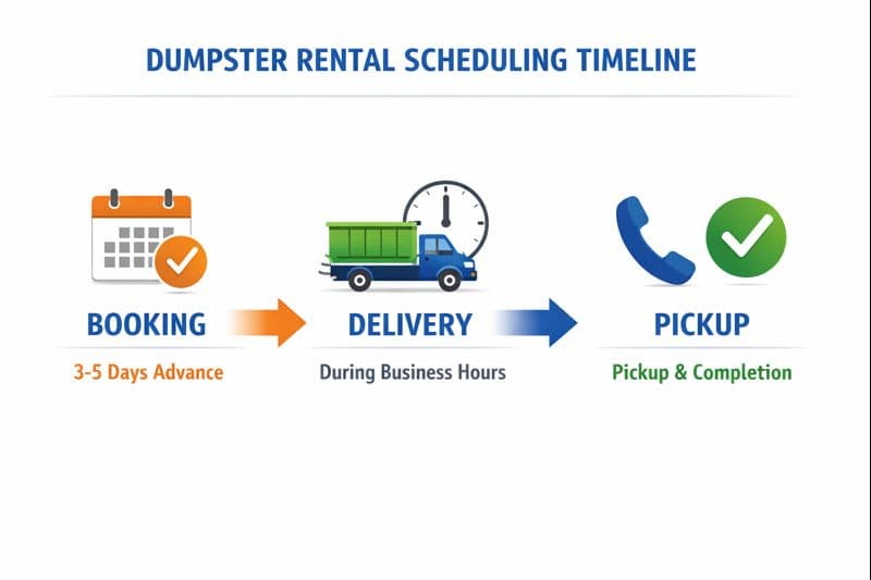 20 yard dumpster schedule timeline showing booking delivery and pickup phases