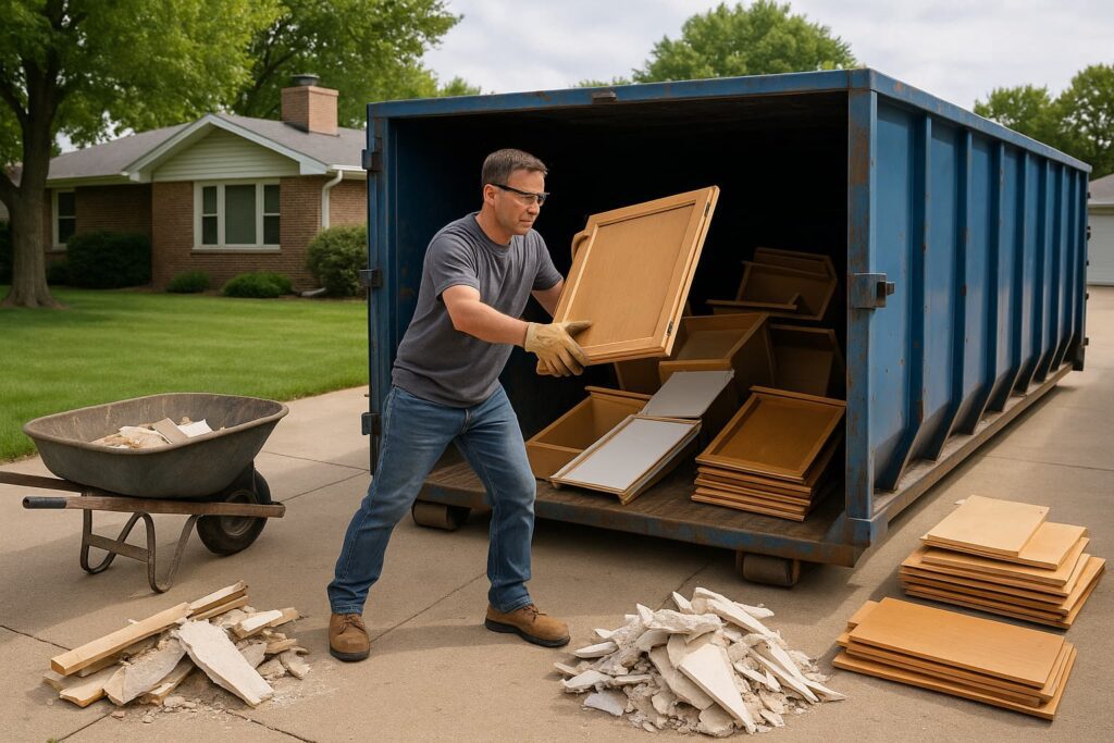 How to Load a 20 Yard Dumpster shown by a homeowner in his 40s wearing safety gear while placing broken kitchen cabinets through the rear door of a blue 20-yard roll-off dumpster on a residential Peoria driveway, with sorted debris piles and a wheelbarrow nearby.
