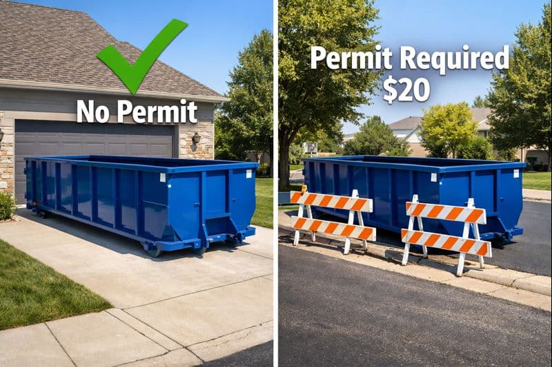 20 yard dumpster permit requirement comparison showing private driveway placement without permit versus street placement requiring permit in Peoria Illinois