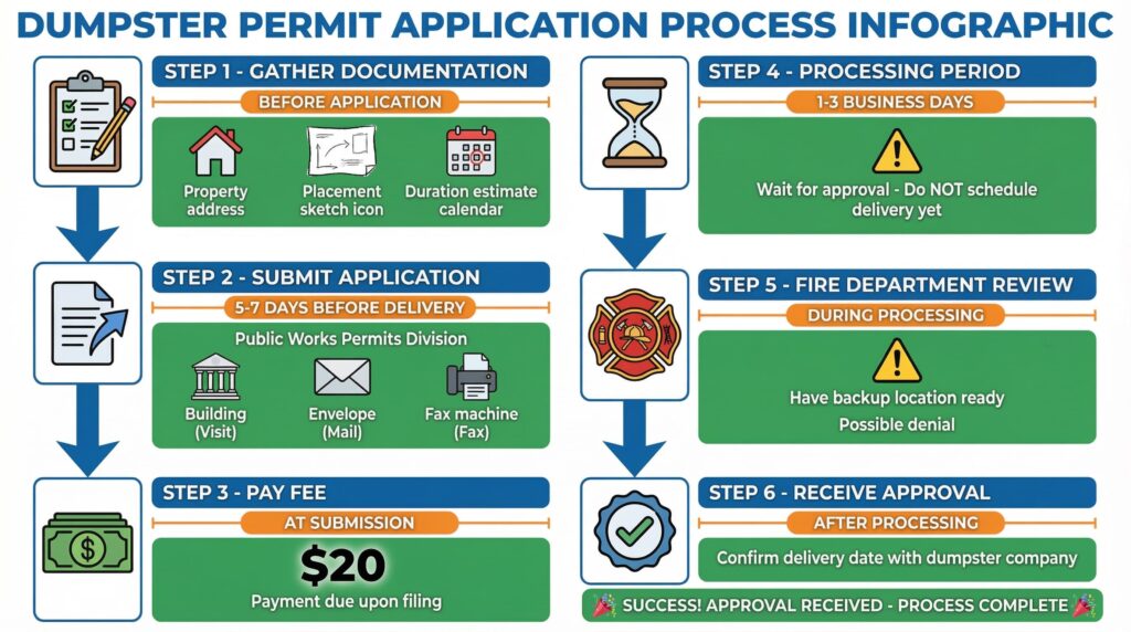 an infographic showing the dumpster permit application process and timelines