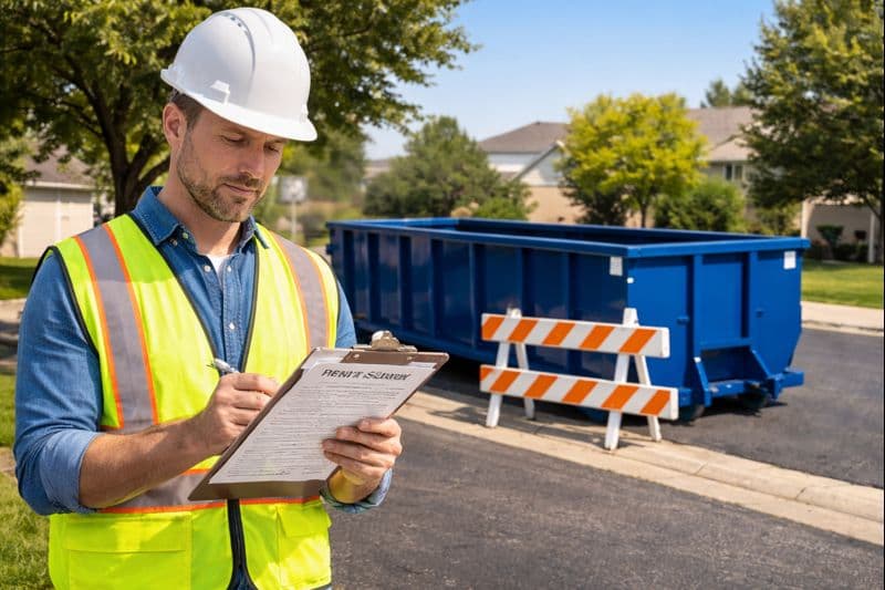 Professional contractor holding dumpster permit paperwork at Peoria Illinois jobsite with blue roll-off container and safety equipment