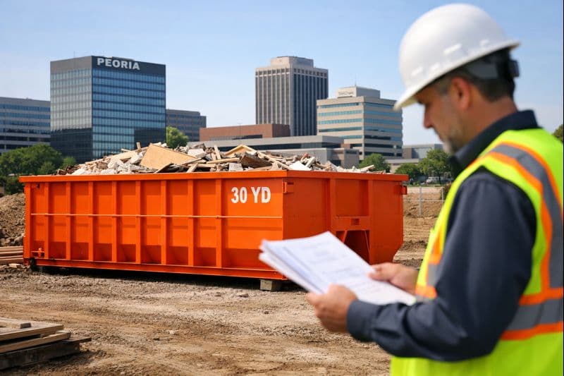 30 yard dumpster rental cost on Peoria commercial construction site with contractor reviewing project budget
