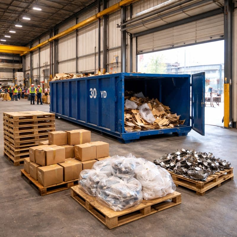 Large capacity roll-off container at manufacturing facility cleanout in Peoria IL with organized packaging waste and industrial materials ready for disposal