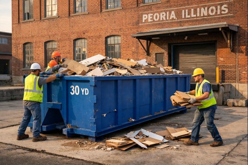 30 yard dumpster for industrial projects positioned outside Peoria warehouse renovation site with workers loading construction debris