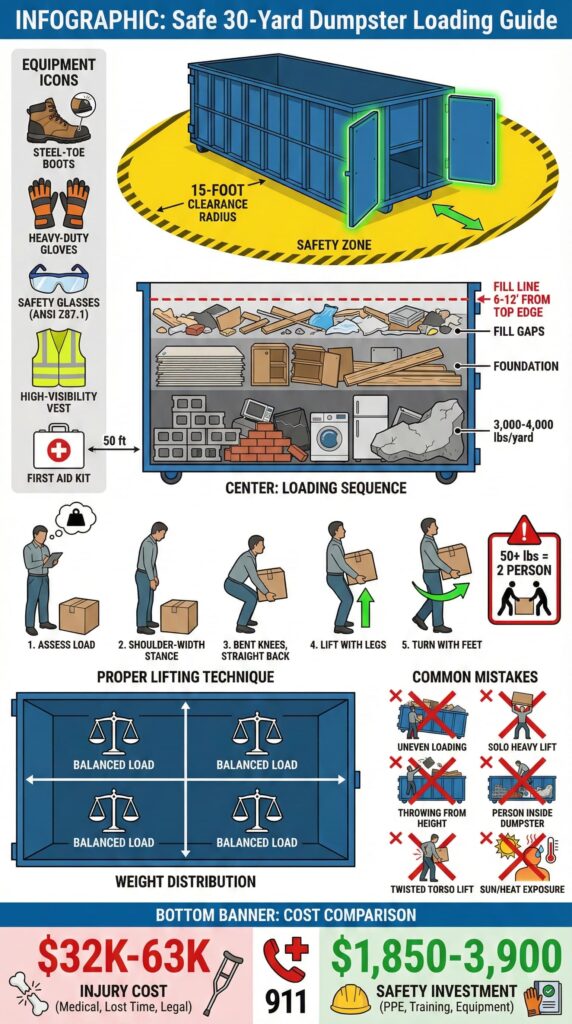 Safe 30-yard dumpster loading infographic displaying equipment icons, loading sequence with heavy items at bottom, proper lifting mechanics in 5 steps, weight distribution across four quadrants, and common safety mistakes to avoid