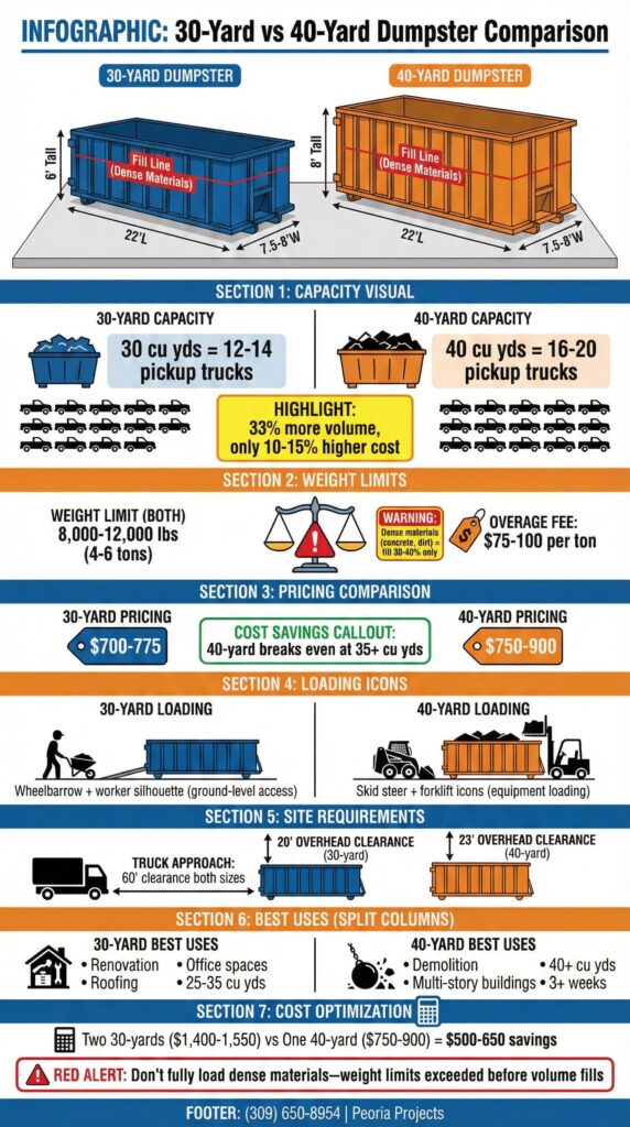 30-yard vs 40-yard dumpster comparison infographic matching the “construction site dumpster comparison shot” — shows same 22’ roll-off length with 6’ vs 8’ height difference, capacity (30 vs 40 cu yd), loading methods (wheelbarrow vs skid steer), pricing ranges, weight limits, and jobsite clearance needs.