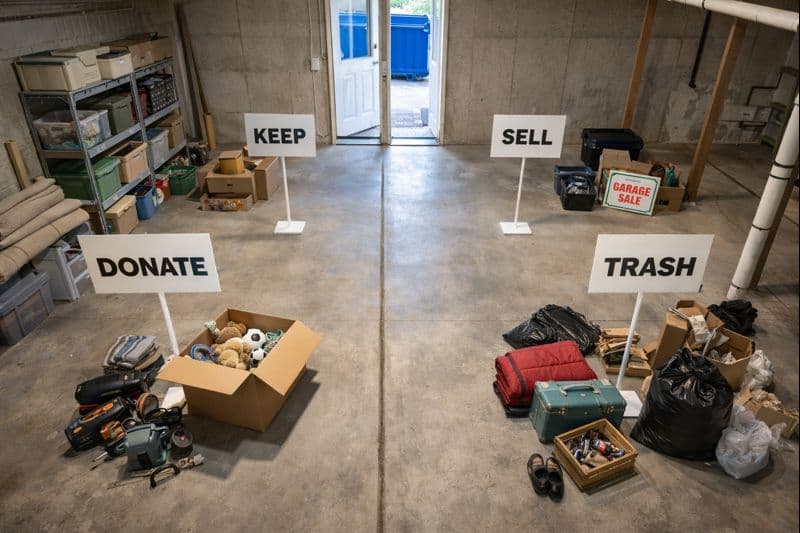 Systematic basement organization strategy preparing items for efficient disposal as just one of many basement cleanout dumpster tips