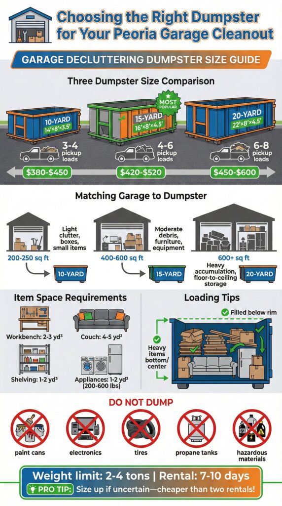 infographic showing options in choosing a 10-yard 15-yard or 20-yard dumpster for a garage cleanout