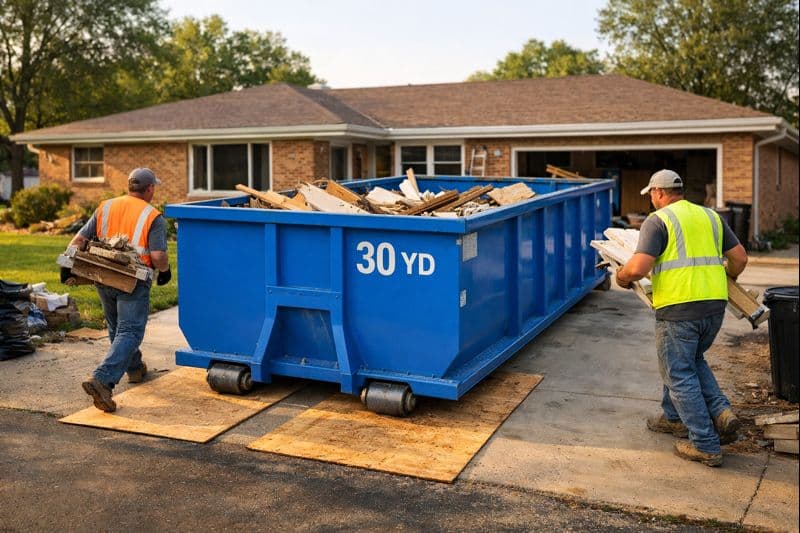 Peoria contractors loading large cleanout debris into blue 30 yard roll-off dumpster with proper site protection and safety equipment during home renovation to illustrate 30 yard dumpster rental tips