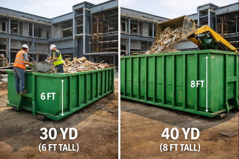 30 yard vs 40 yard dumpster comparison showing height difference and loading methods at commercial construction site in Peoria Illinois