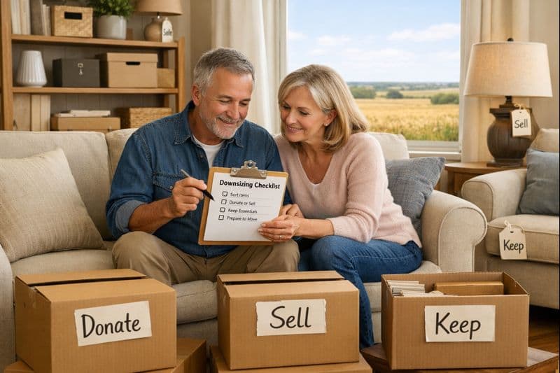 Mature couple planning downsizing home waste removal with organized labeled boxes in Illinois residence