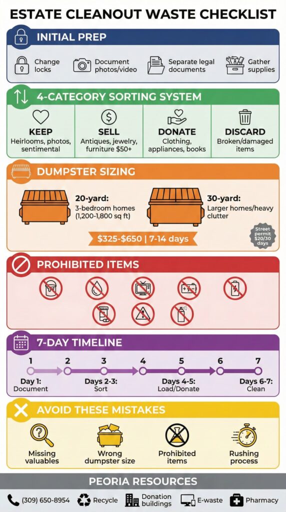 Infographic style Estate Cleanout Checklist for Waste, highlighting preparation, categorising, choosing dumpster size, prohibited items, timelines, errors to avoid