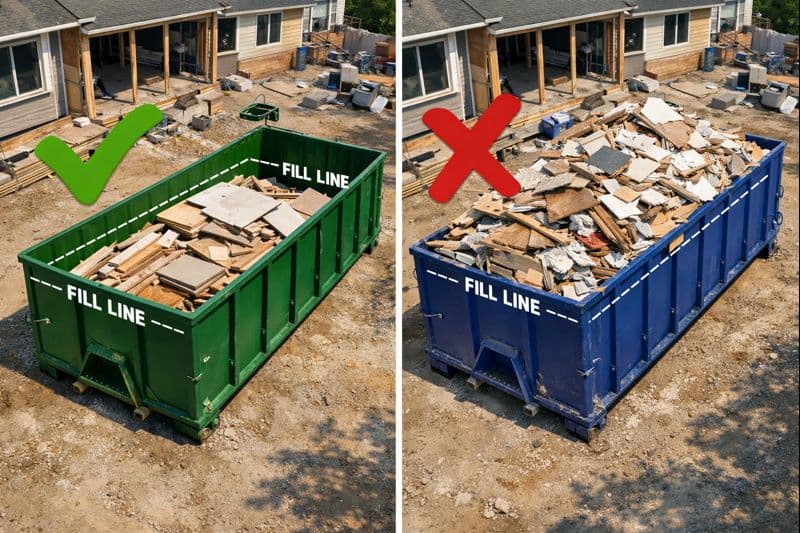 Side-by-side comparison of properly loaded versus overfilled 30-yard roll-off container to illustrate how to avoid overfilling 30 yard dumpster