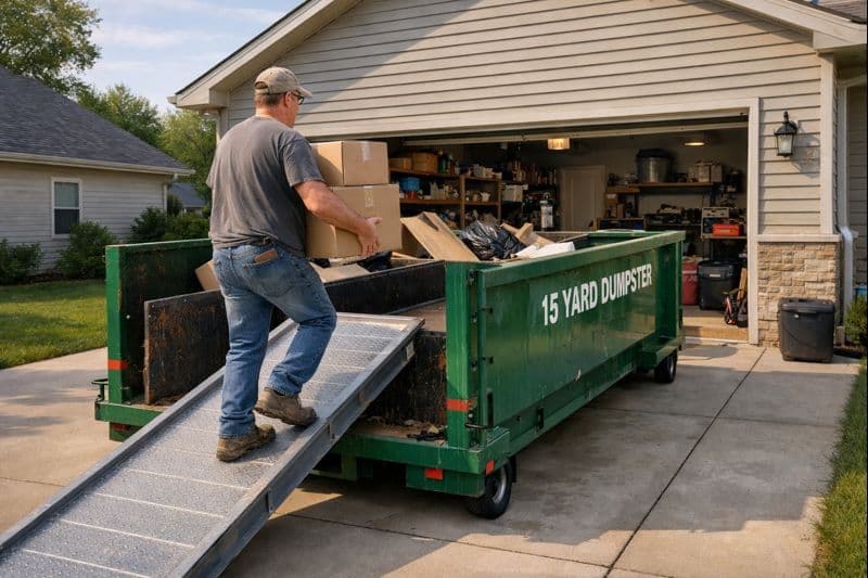 Peoria homeowner loading up a 15 yard dumpster after deciding between the rages of appropriate dumpster size for garage cleanouts and decluttering projects
