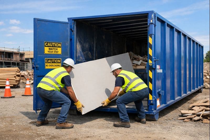 How to load a 30 yard dumpster safely with proper team lifting technique as construction workers demonstrate safe dumpster loading of bulky items like the large drywall sheet shown, with PPE and walk-in door access