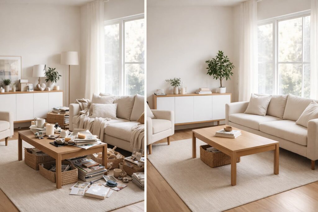 Decluttering room by room transformation showing cluttered living room before and organized minimalist space after