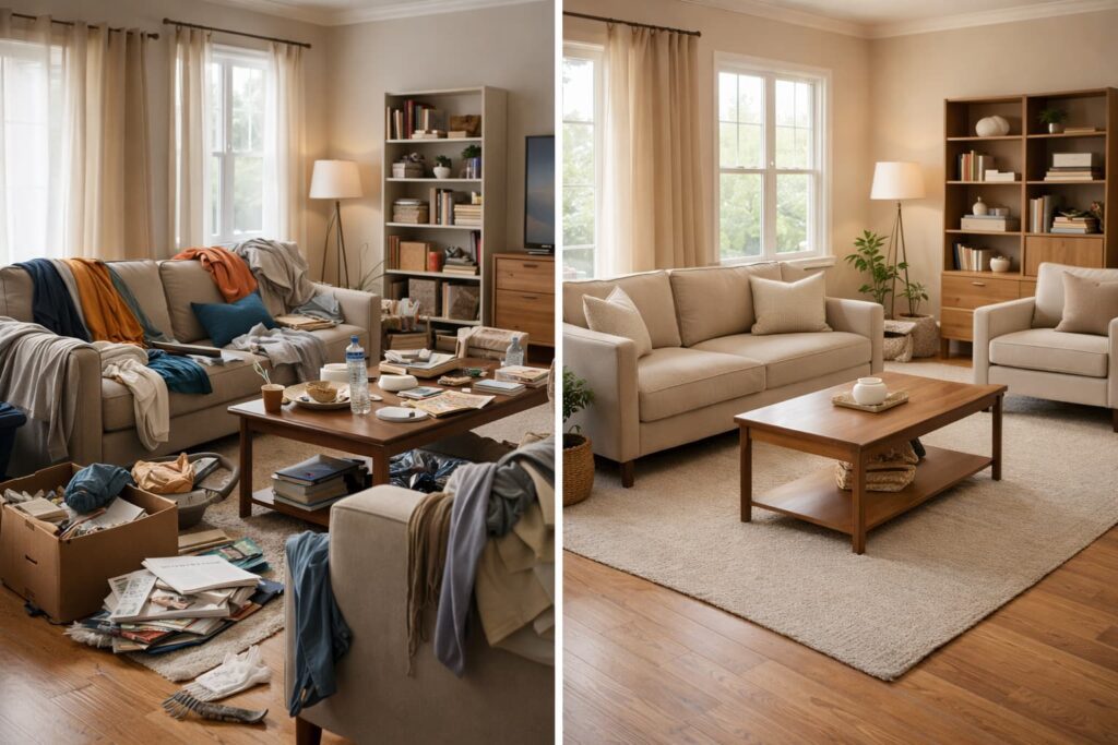 Before and after images to illustrate how to declutter an entire house fast using daily organizing habits