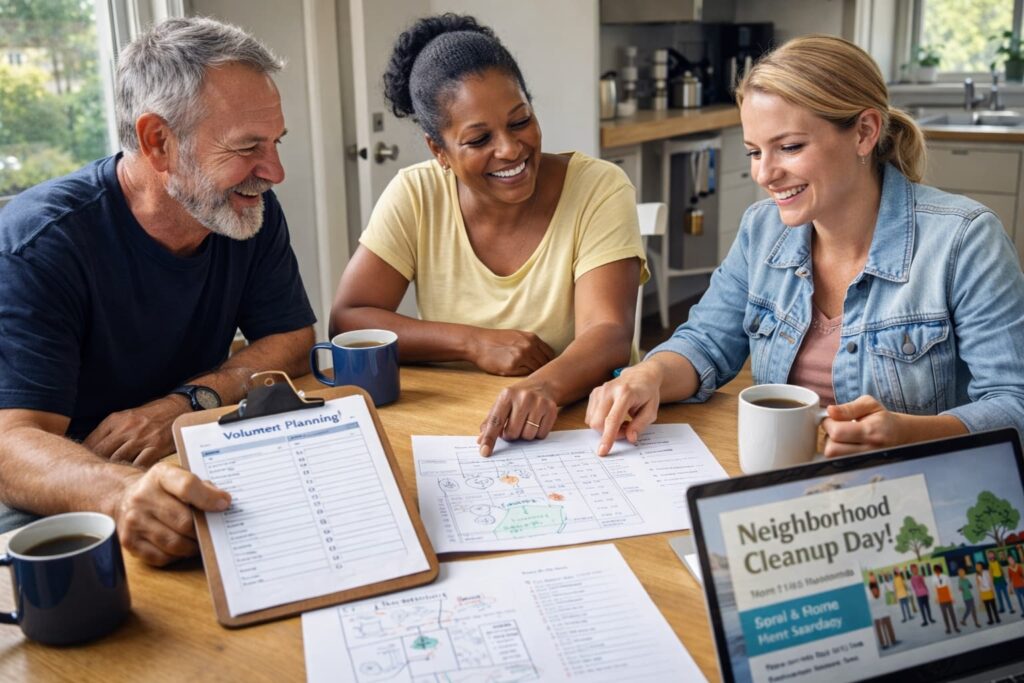 Planning team organizing community dumpster day event