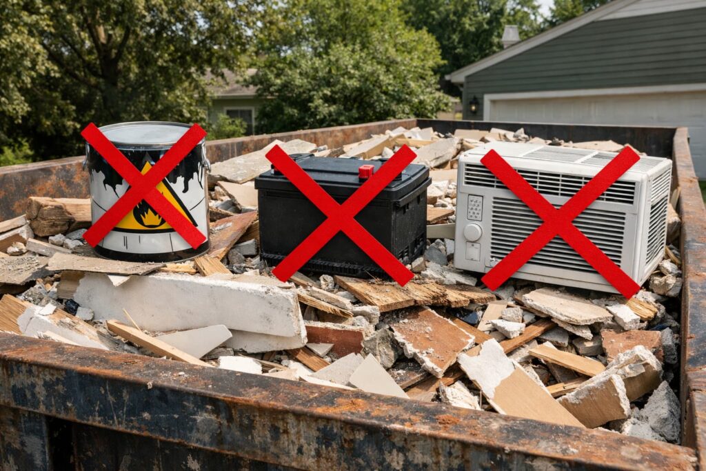 Prohibited items that cause home renovation dumpster mistakes in Illinois — paint, batteries, AC units