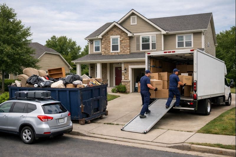 Full dumpster and moving van on driveway for a family preparing for a cross-country move
