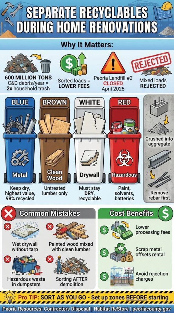 infographic guide on how to separate recyclables during home renovations for Peoria IL